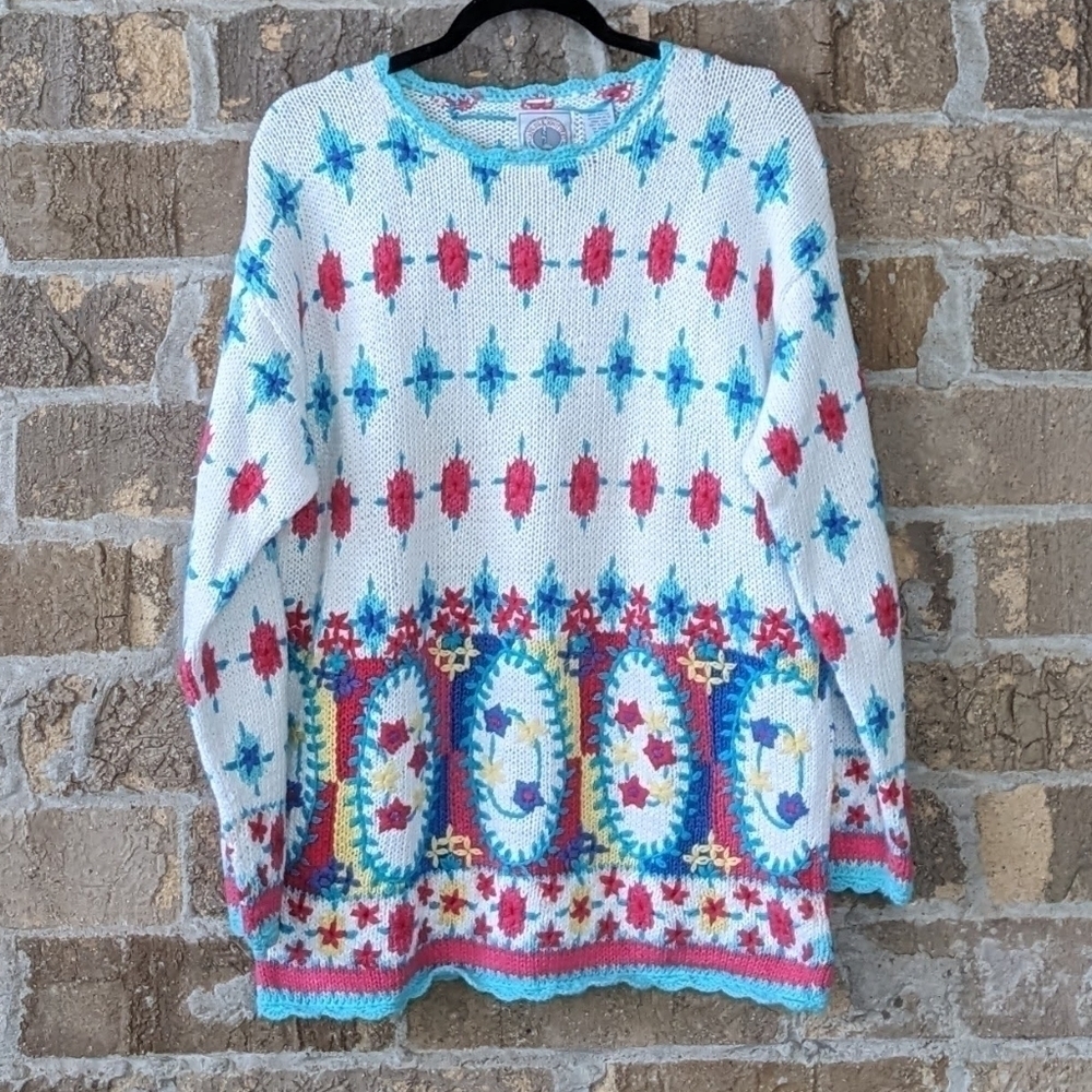 Vintage 80s Cape Isle Knitters Floral Knit Tunic Sweater Medium